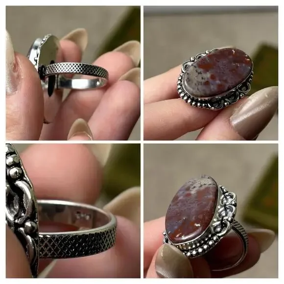 Silver Coated Jasper Stone Ring 7.75 - Picture 4 of 6